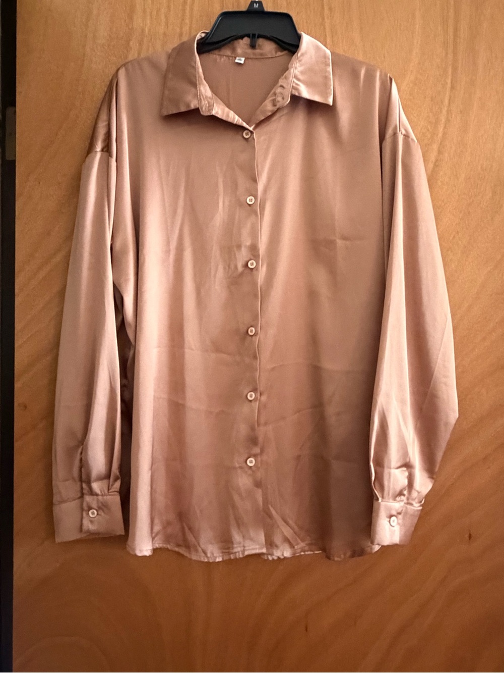 SHEIN Women’s Satin Button-Up Shirt in Tan